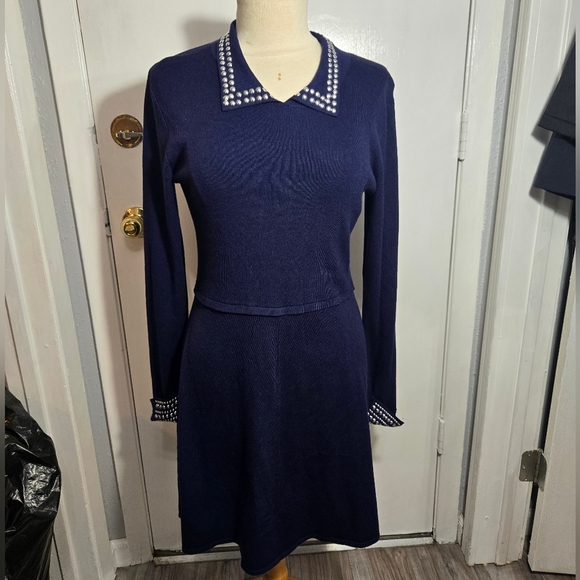 Rosie Harlow Blue Knit Long Sleeve Sweater Dress NWT Studded - Picture 4 of 13